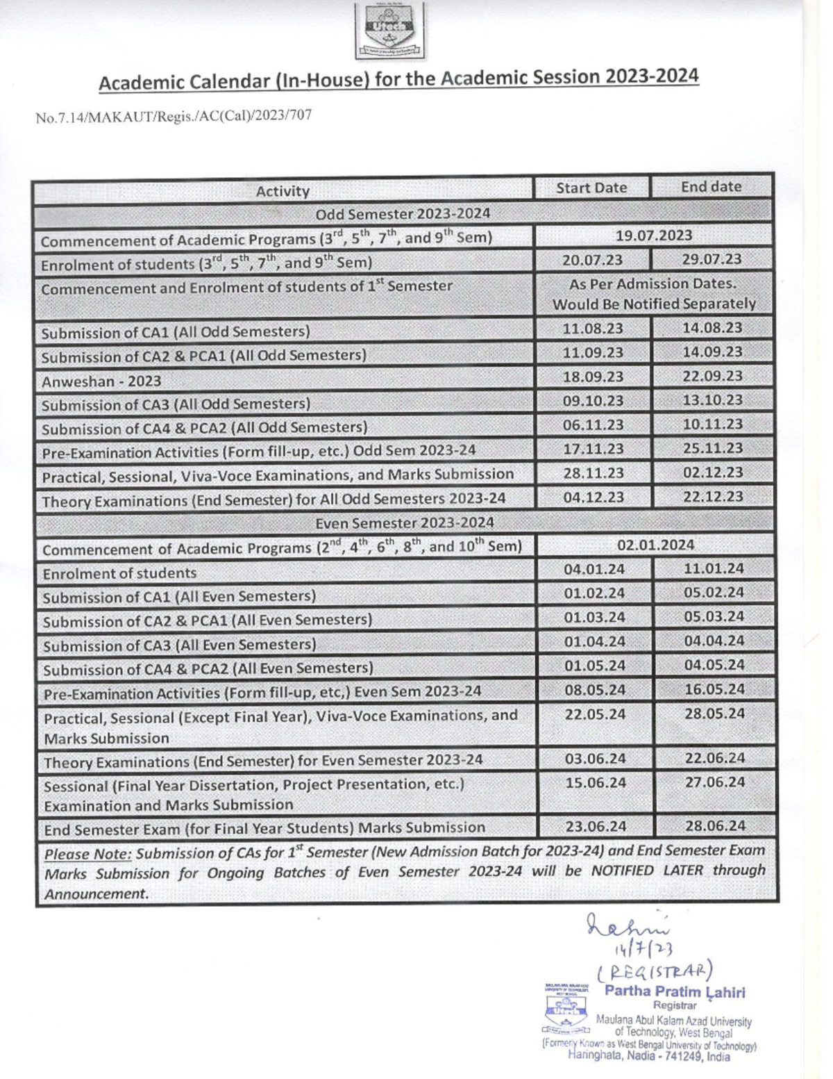 Academic Calendar in-house 2023-24 - Computer Science and Engineering ...