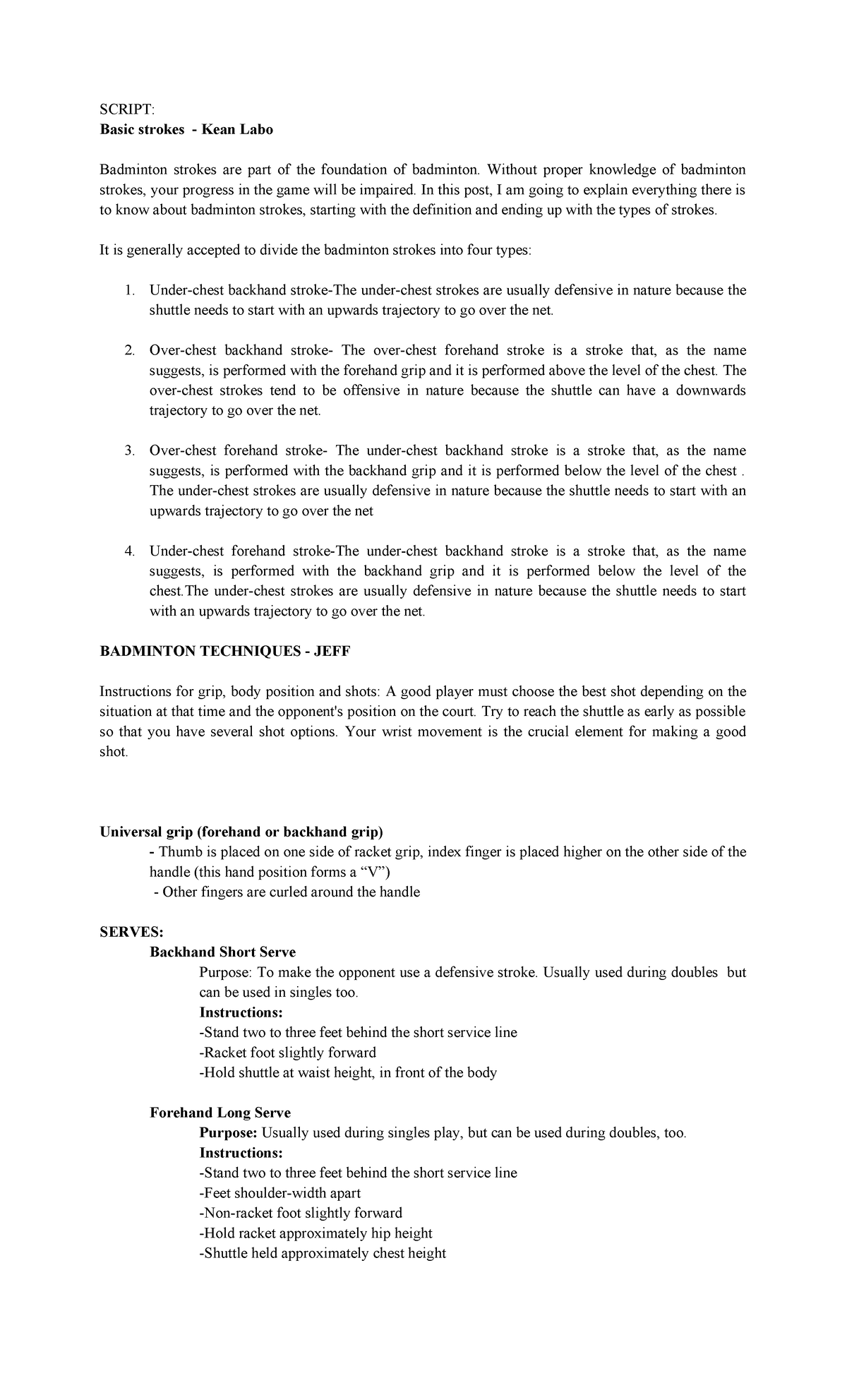 G4-PE Reporting- Transcript - SCRIPT: Basic strokes - Kean Labo ...