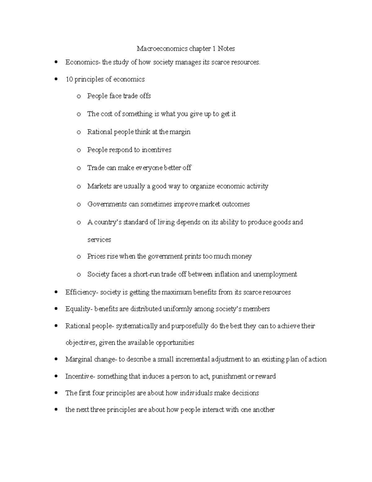 Chapter 1 notes - Macroeconomics chapter 1 Notes Economics- the study ...