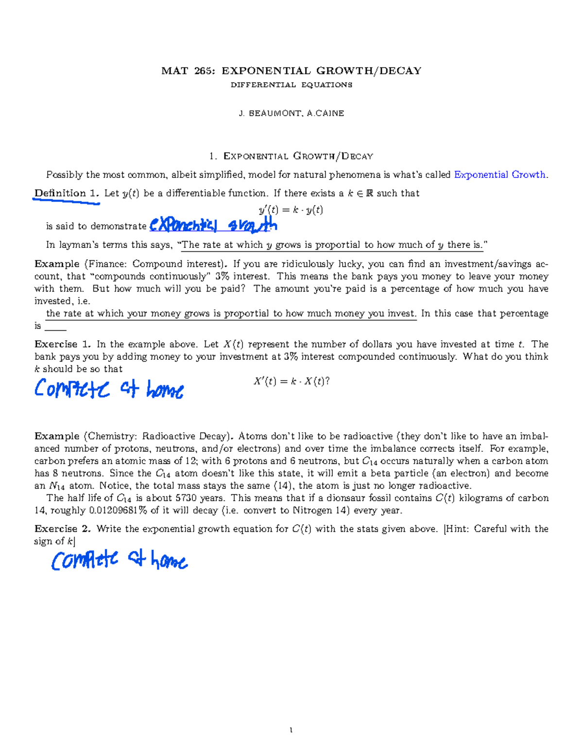 MAT265 Week7D2 MAT 265 EXPONENTIAL GROWTH/DECAY DIFFERENTIAL EQUATIONS J. BEAUMONT, A