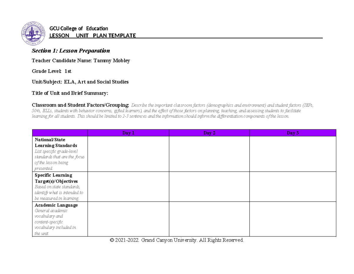 3-day unit plan template - Section 1: Lesson Preparation Teacher ...