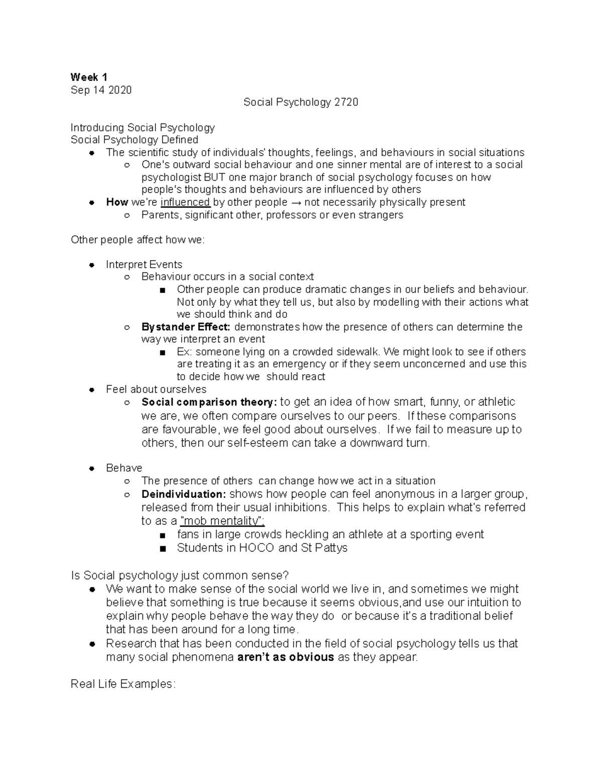 Social Psych 2720 Lecture Notes Midterm 1 - Week 1 Sep 14 2020 Social ...