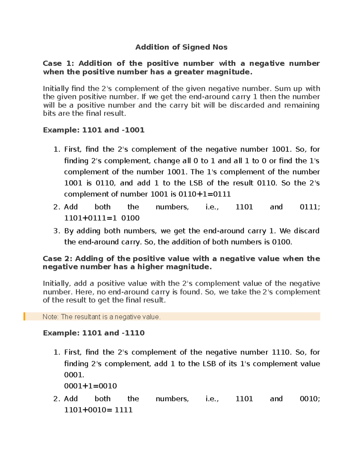 Binary arithmetic - COA notes - Addition of Signed Nos Case 1: Addition ...
