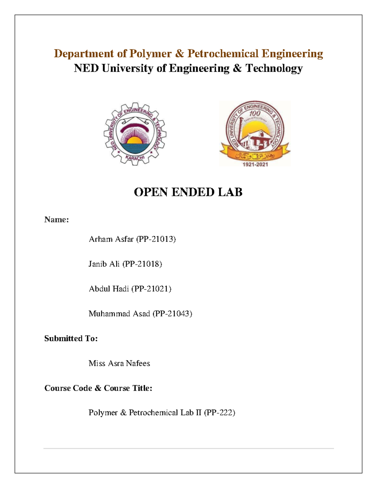 Open Ended Lab (OEL) Mechanics of Material NED University of