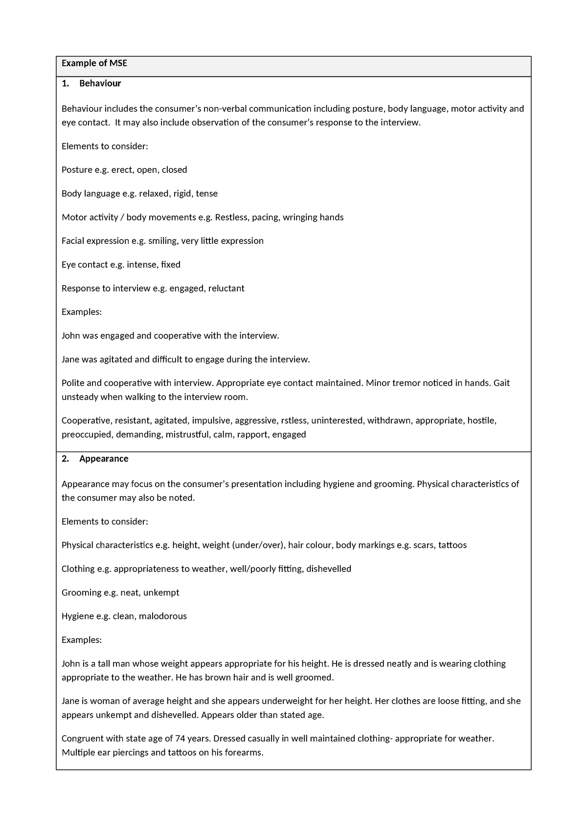 How to do MSE & example - Example of MSE Behaviour Behaviour includes ...