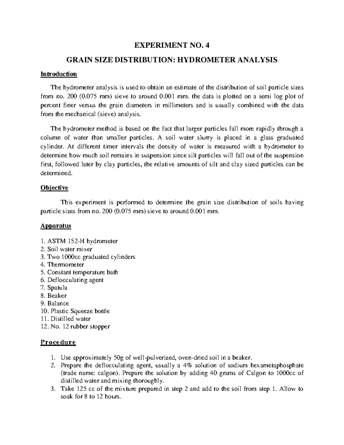 EXPT 4 Grain SIZE Distribution Hydrometer Analysis EXPERIMENT NO. 4