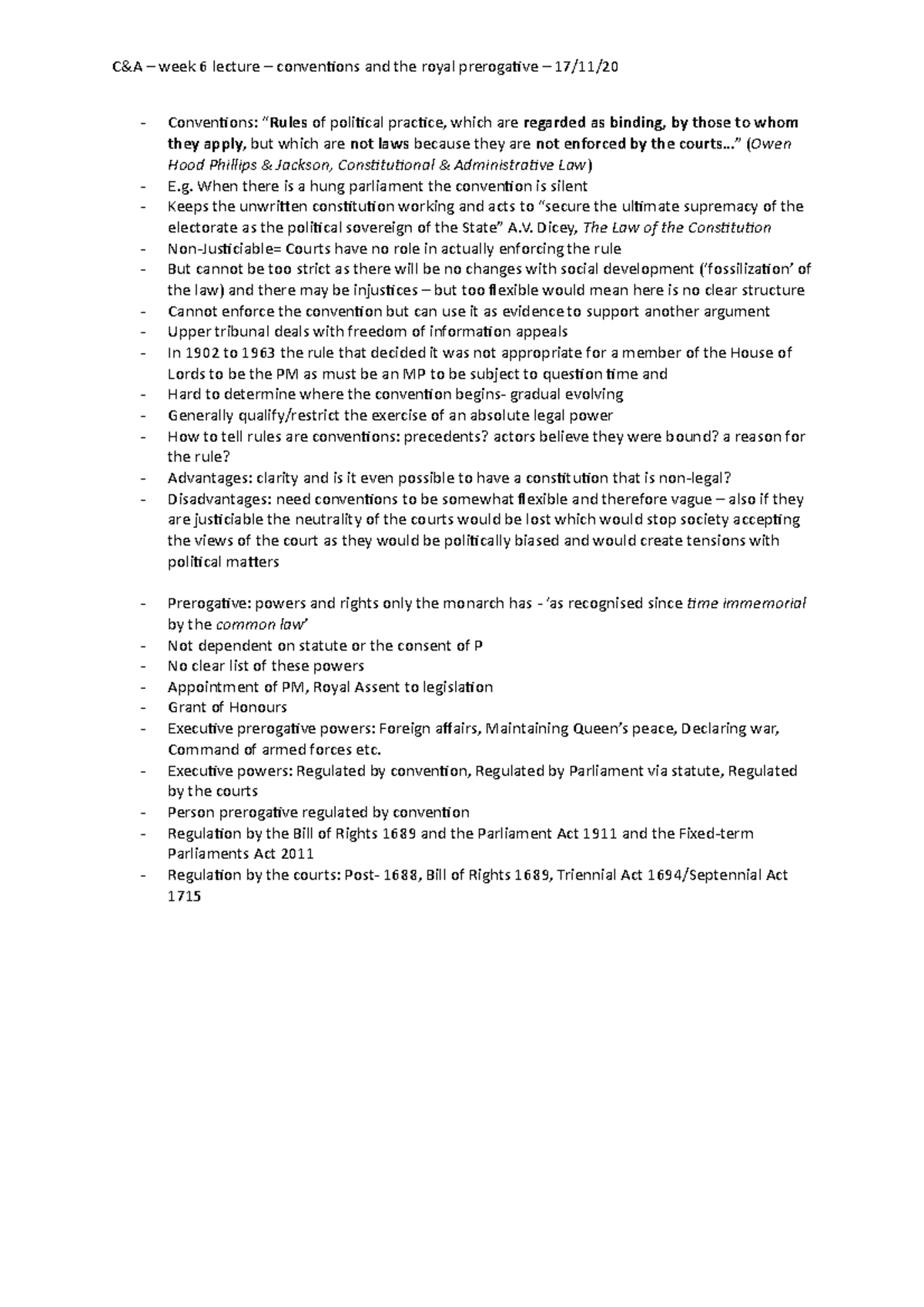 Week 6 lecture conventions and the royal prerogative 17th nov 2020 - C ...