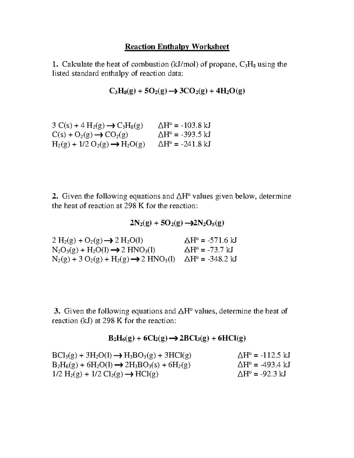 Hess Law Worksheet edit Reaction Enthalpy Worksheet Calculate the