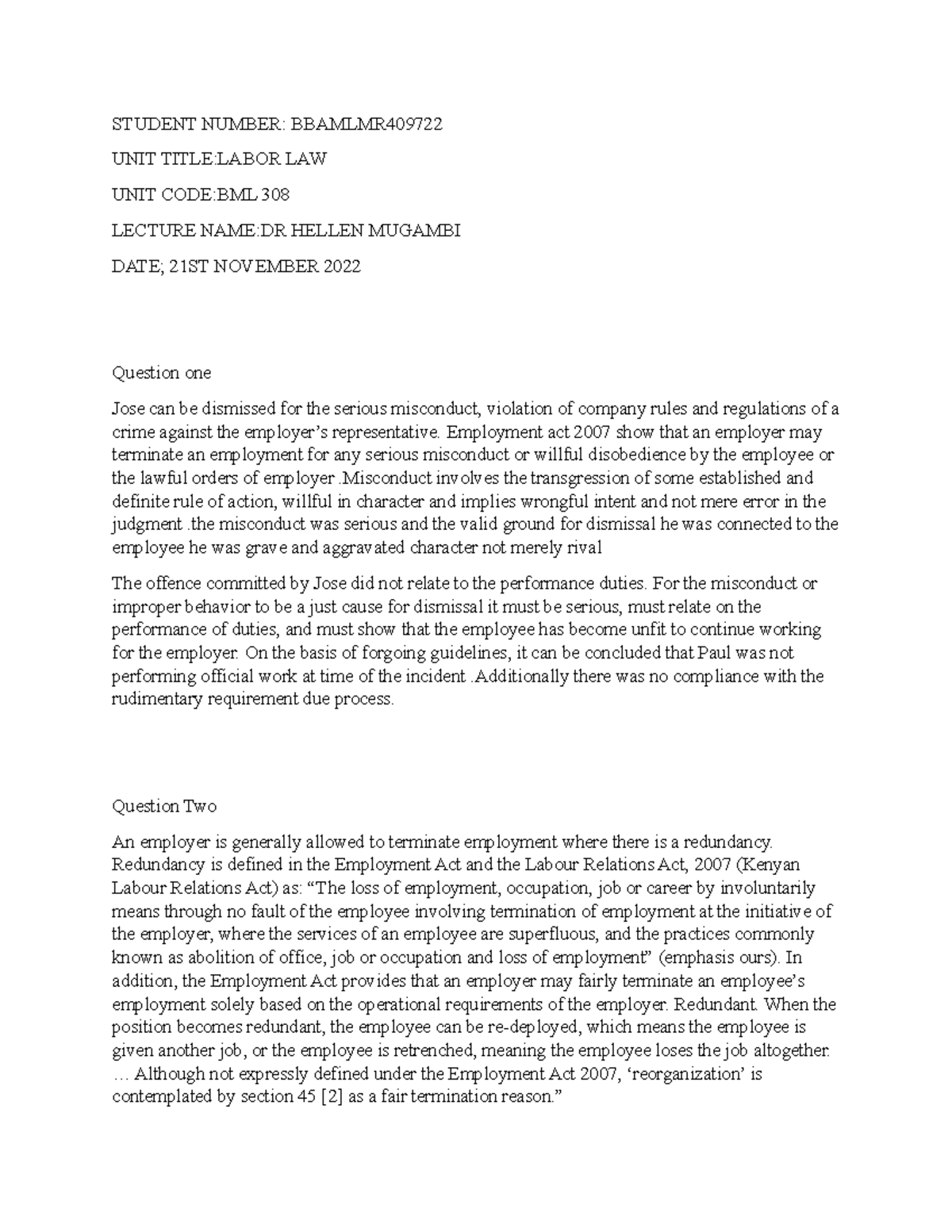 Bbamlmr 409722-BML308 - STUDENT NUMBER: BBAMLMR UNIT TITLE:LABOR LAW ...