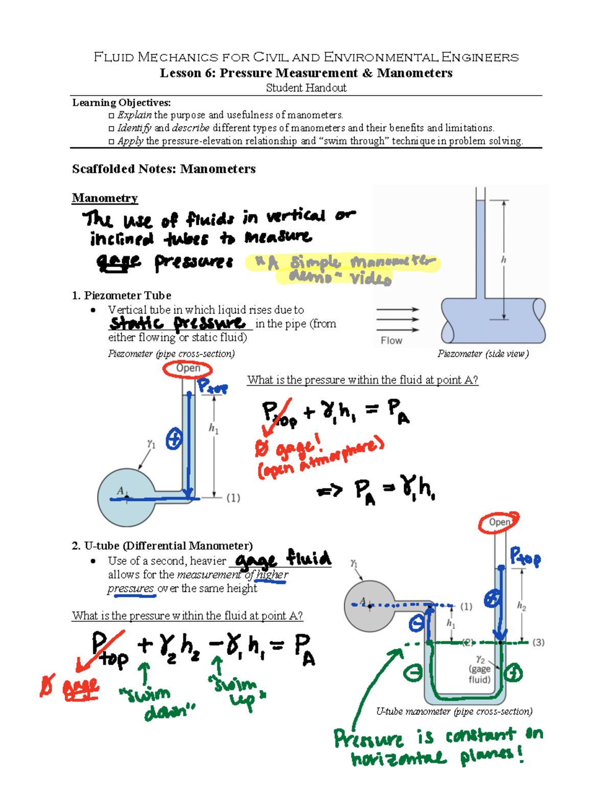 CEEN 310 Student Handout Lesson 6 KEY - Fluid Mechanics for Civil and ...