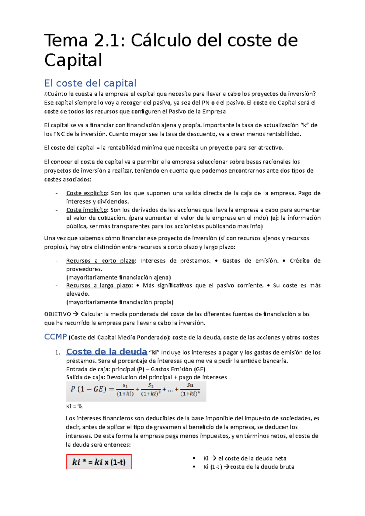 Tema 2 Apuntes 2 Tema 2 Cálculo Del Coste De Capital El Coste Del Capital ¿cuánto Le Cuesta 9746