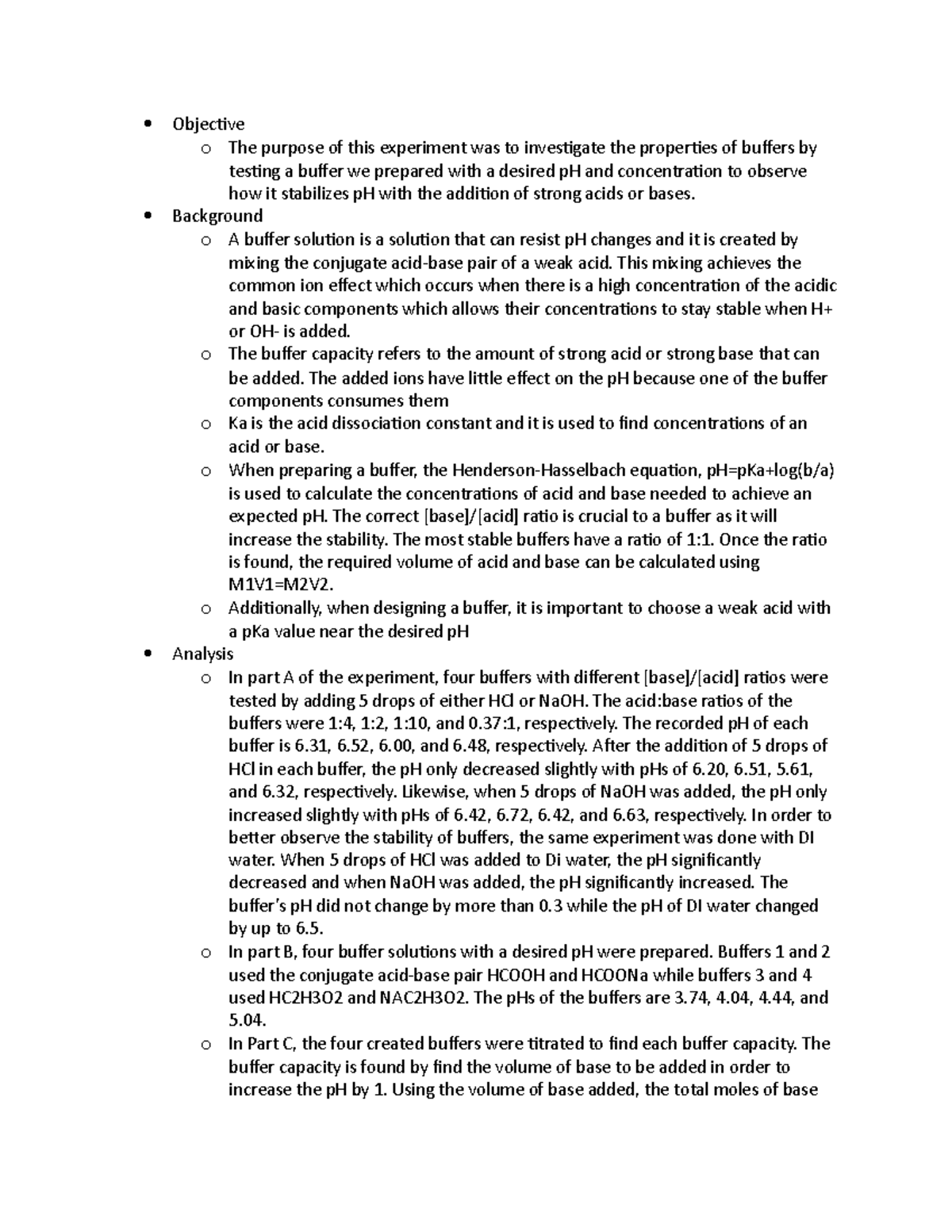 Properties of Buffers pH Stabilization and Buffer Capacity Experiment