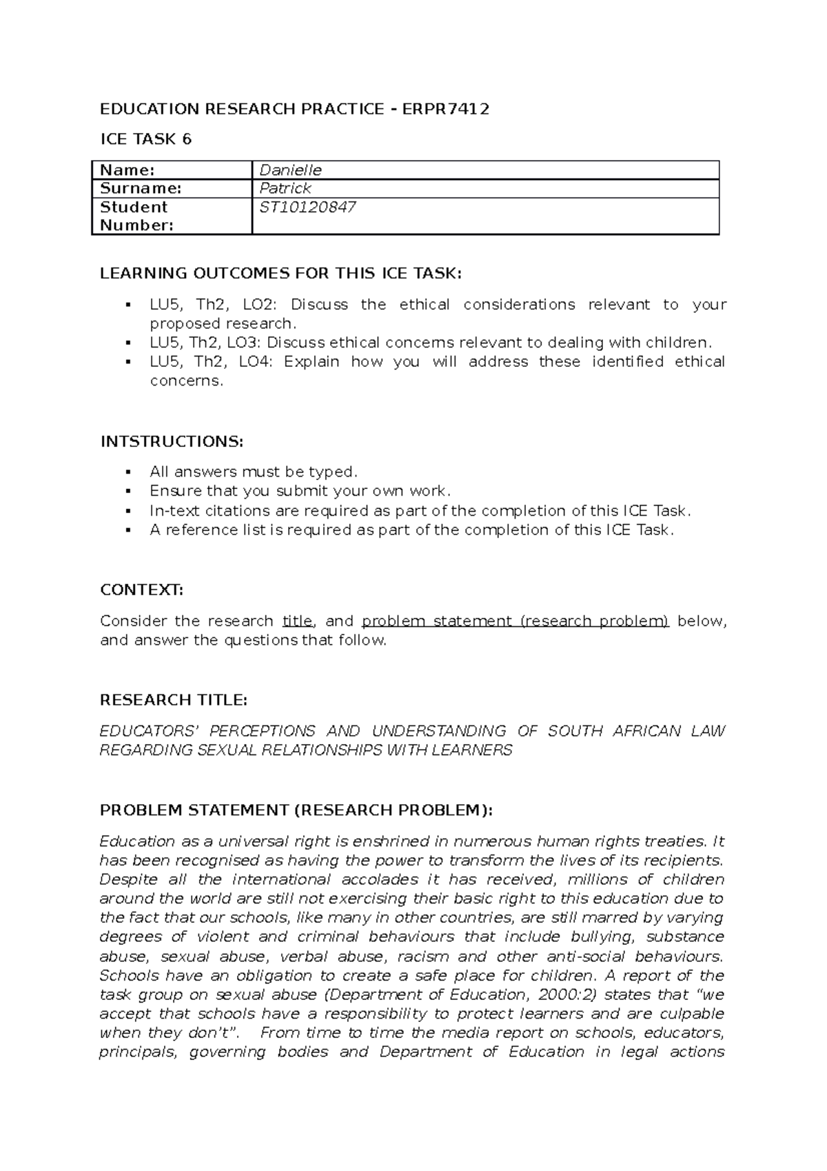 Ice task 6 - Ice task 6 - EDUCATION RESEARCH PRACTICE - ERPR ICE TASK 6 ...