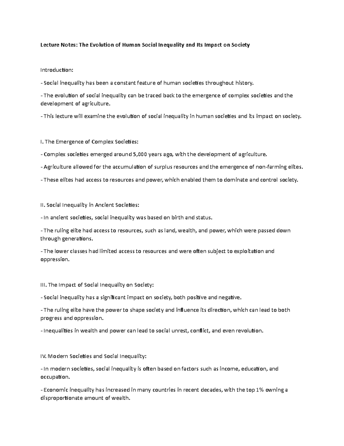 Lecture Notes: The Evolution of Human Social Inequality and Its Impact ...