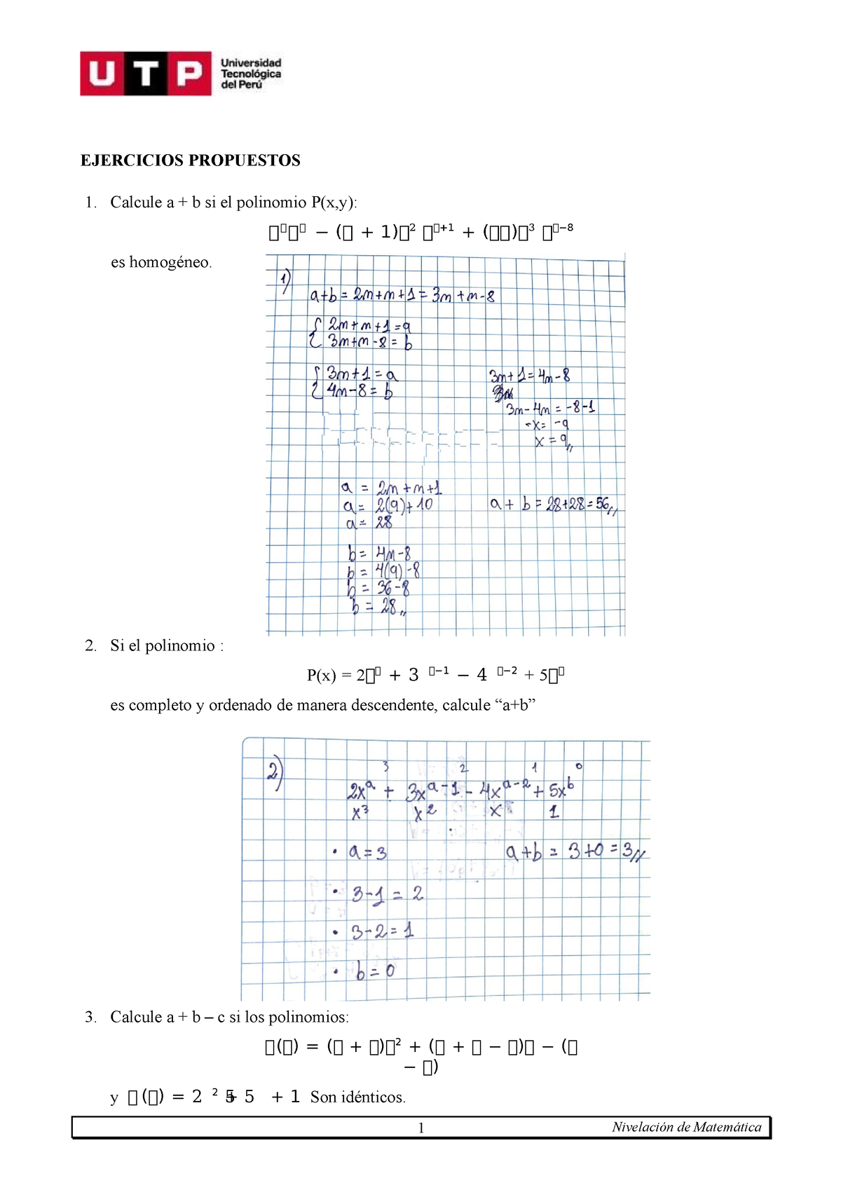 Ejercicios S8 1 Nivelación De Matemática Ejercicios Propuestos Calcule A B Si El Polinomio