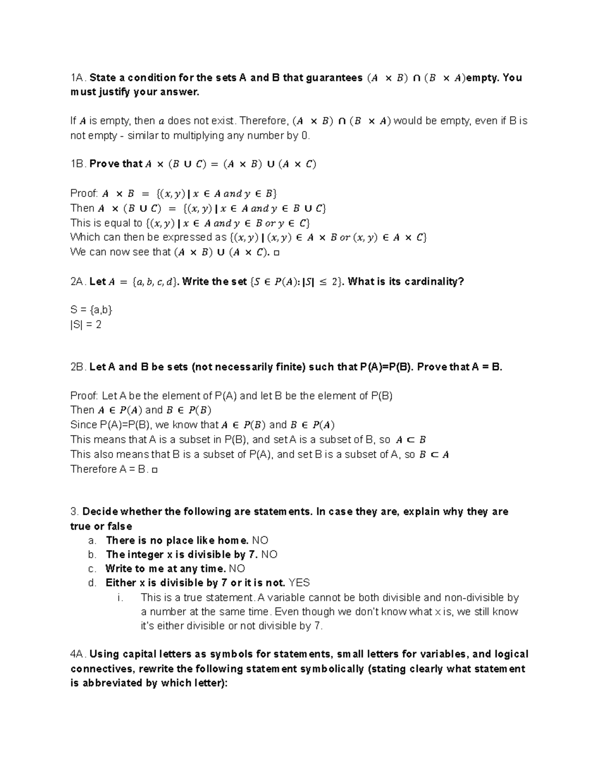 MHF3202 HW 2 - Ungraded Homework 2 - 1A. State A Condition For The Sets ...