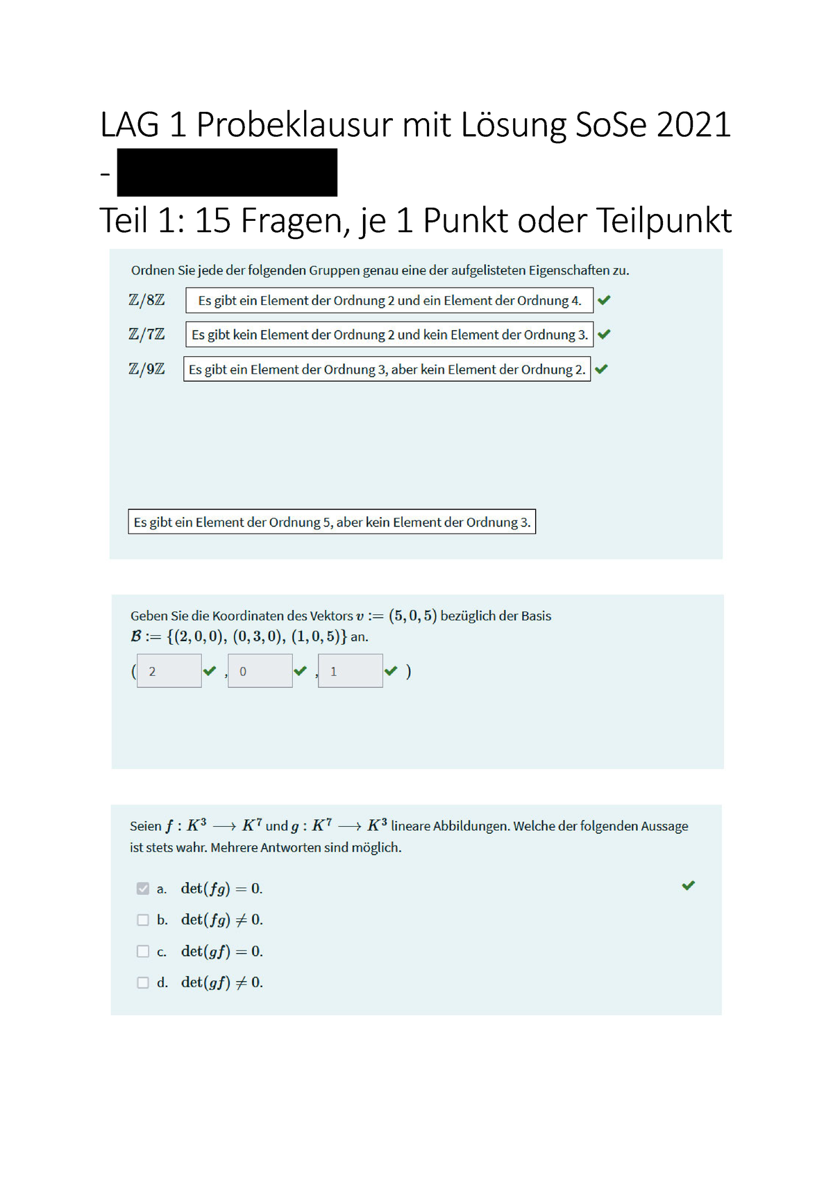 21 Probe Klausur mit Lösungen LAG 1 Probeklausur mit Lösung SoSe 2021