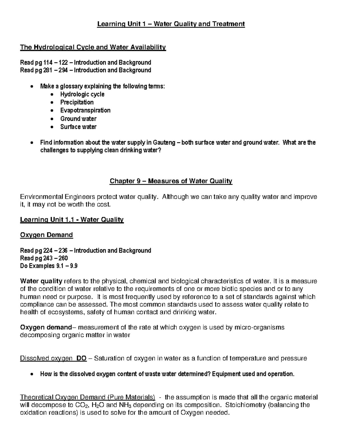Summary - Learning Unit 1.1 ,Chpt 9] - Learning Unit 1 – Water Quality ...