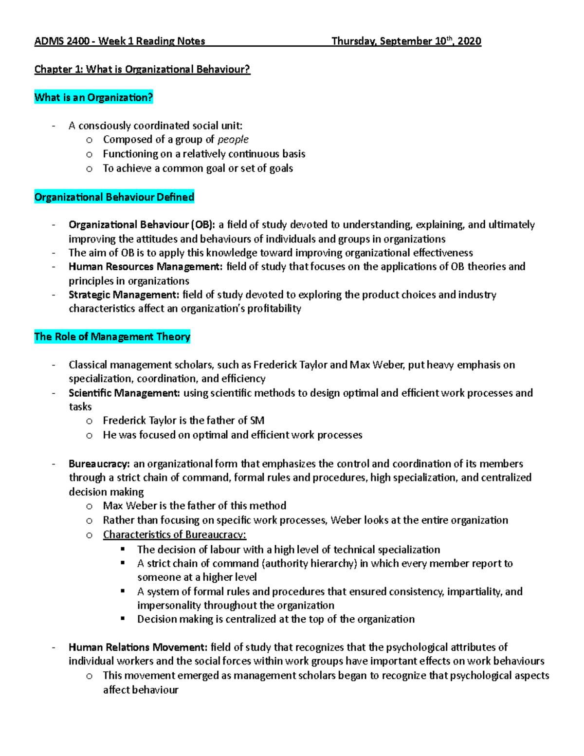 Chapter 1 Reading Notes - Chapter 1: What is Organizational Behaviour ...