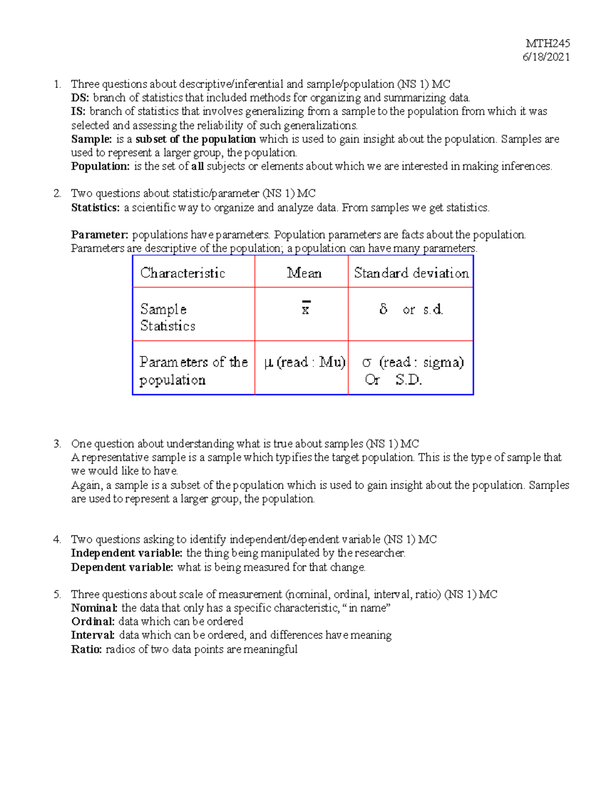 Mth 245 Cheat Sheet For Final Exam Mth 6 18 Three Questions About Descriptive Inferential And Studocu