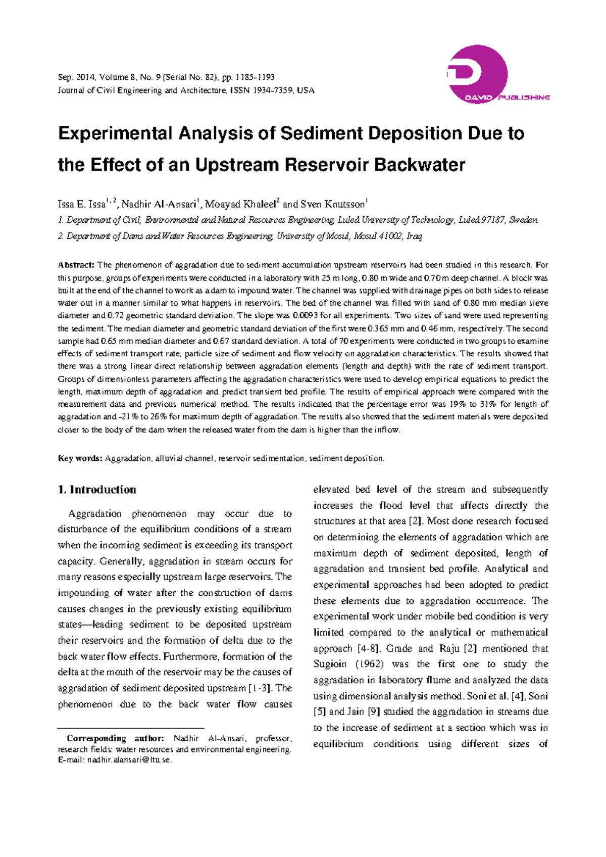 Experimental Analysis of Sediment Deposition Due to the Effect of an ...