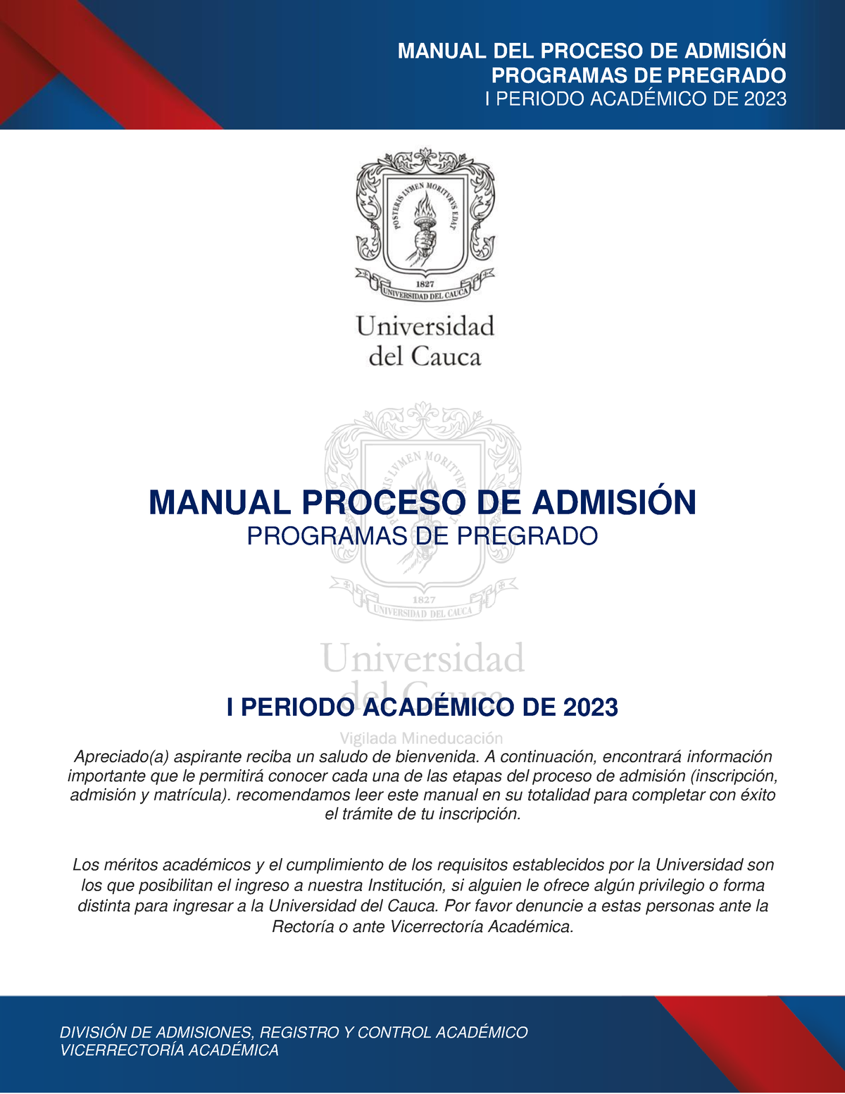 Manual-Admisión Unicauca 2023 - PROGRAMAS DE PREGRADO I PERIODO ...