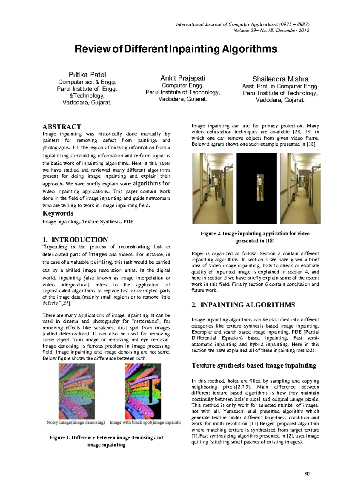 Review of Different Inpainting Algorithm - Volume 59– No, December 2012 ...