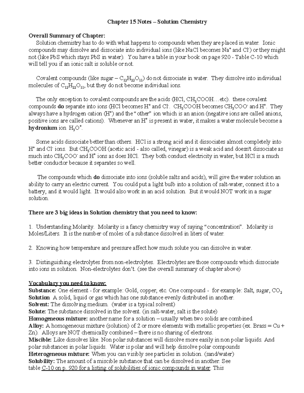 Chapter 15 Notes Solution Chemistry - Chapter 15 Notes – Solution ...