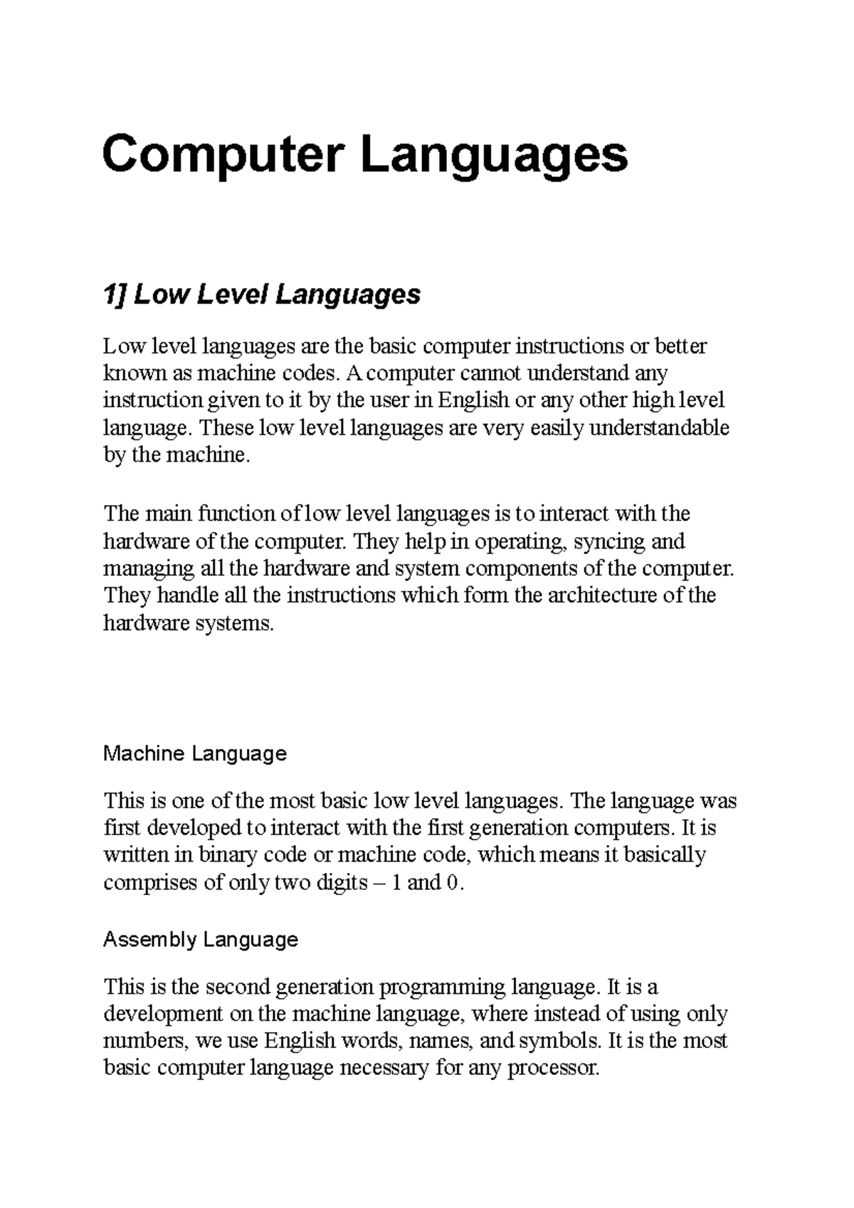 Computer Languages - A computer cannot understand any instruction given ...