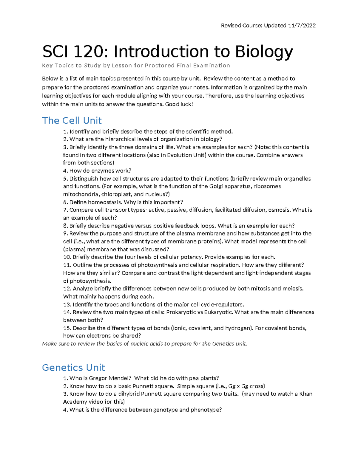 Biology proctor exam study guide - Revised Course: Updated 11/7/ SCI ...