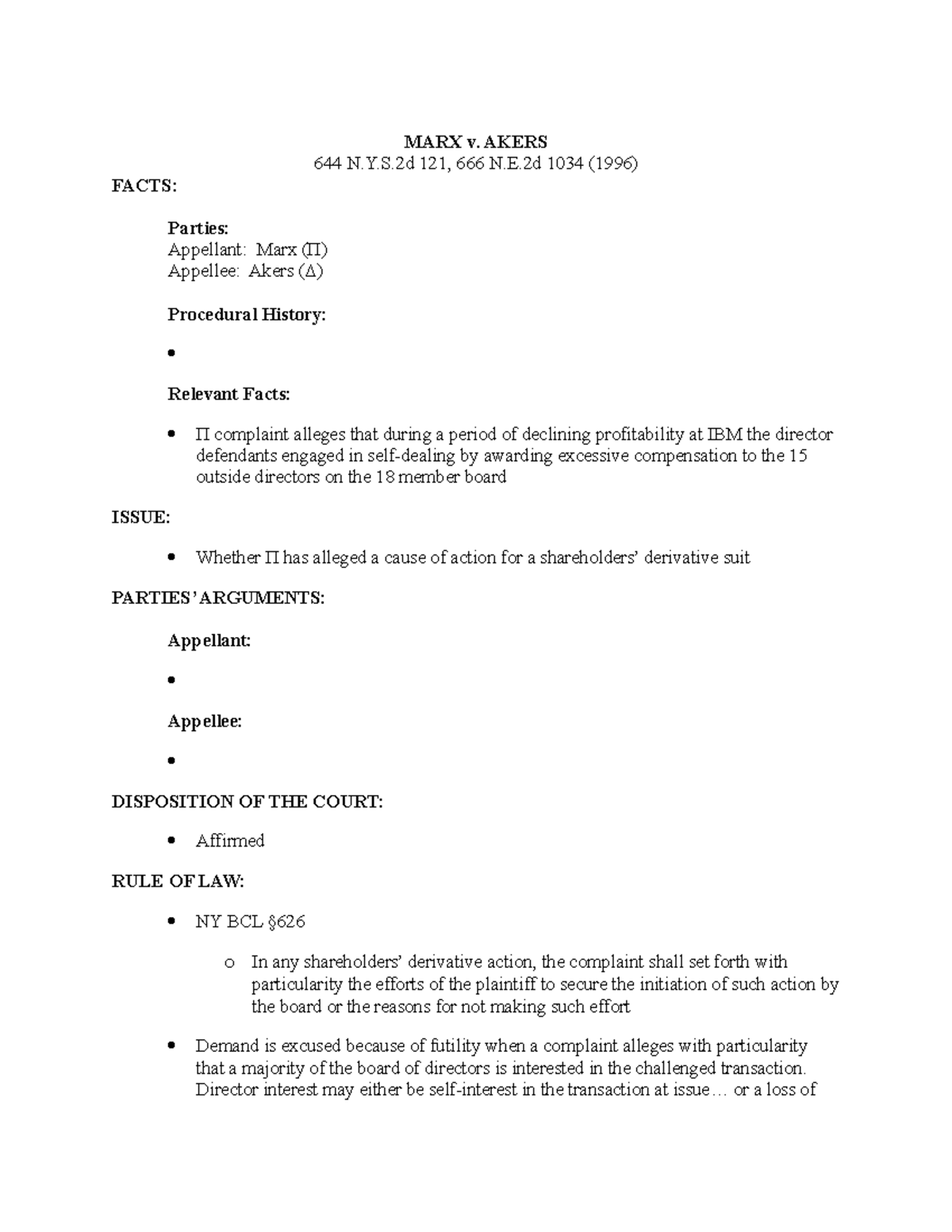 Marx v. Akers Lecture notes 8 MARX v. AKERS 644 N.Y.S 121, 666 N.E