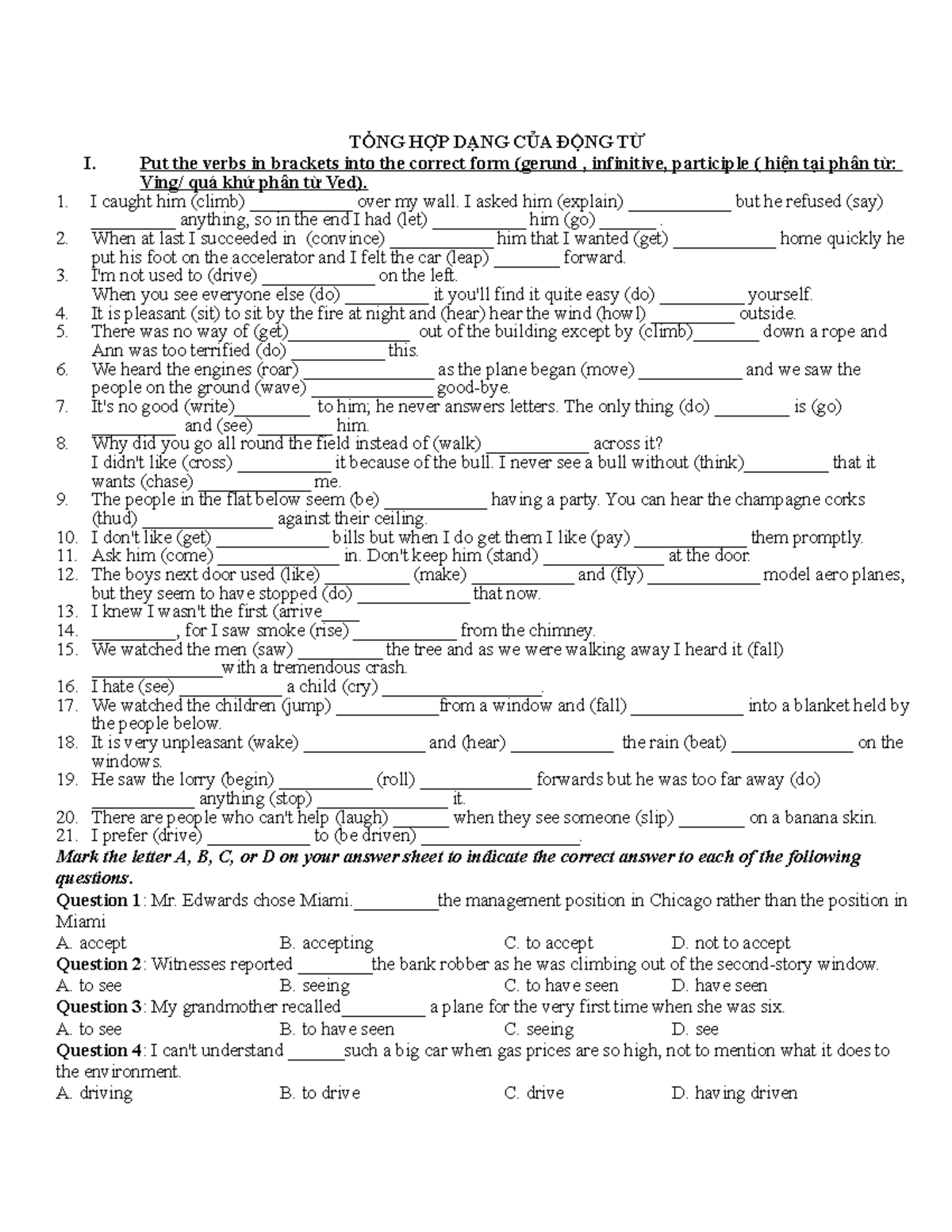 Verb forms t?ng h?p - english - T?NG H?P D?NG C?A D?NG T? I. Put the ...