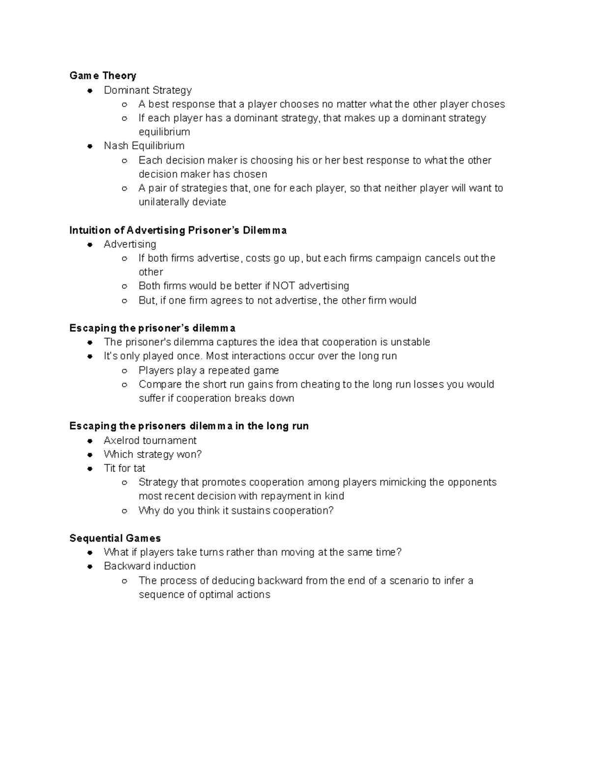 Chatper 13 c Notes - Game Theory Dominant Strategy A best response that ...