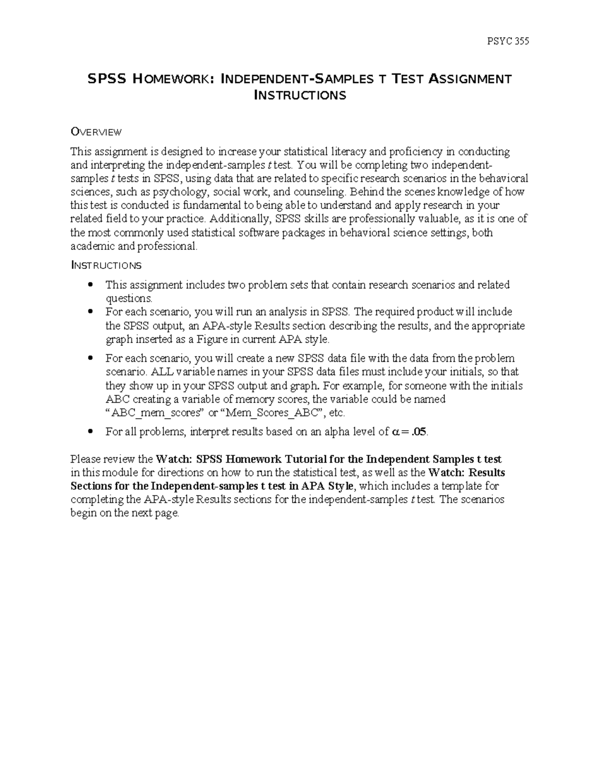 SPSS Homework Independent Samples t Test Assignment Instructions - SPSS ...