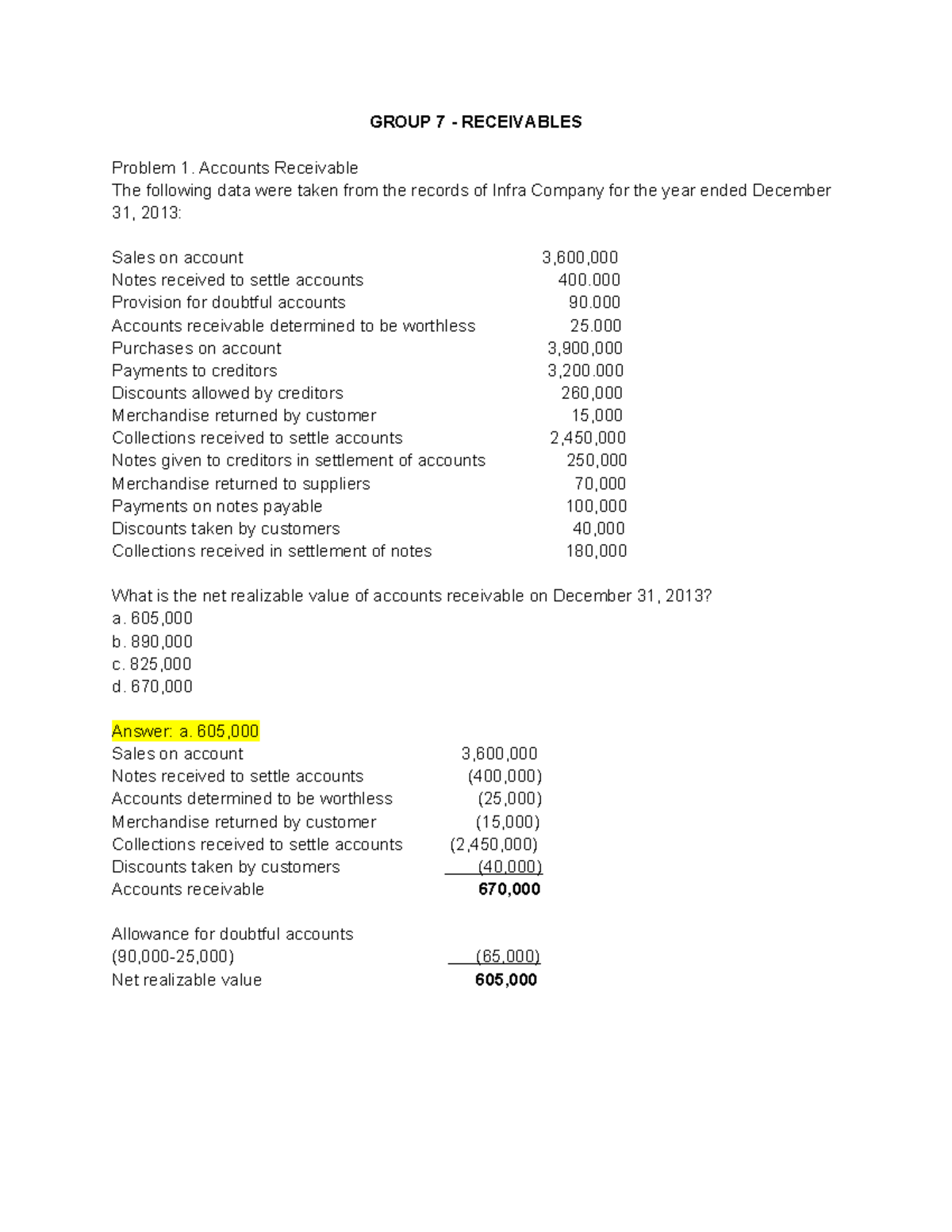 Receivables-exercise - GROUP 7 - RECEIVABLES Problem 1. Accounts ...
