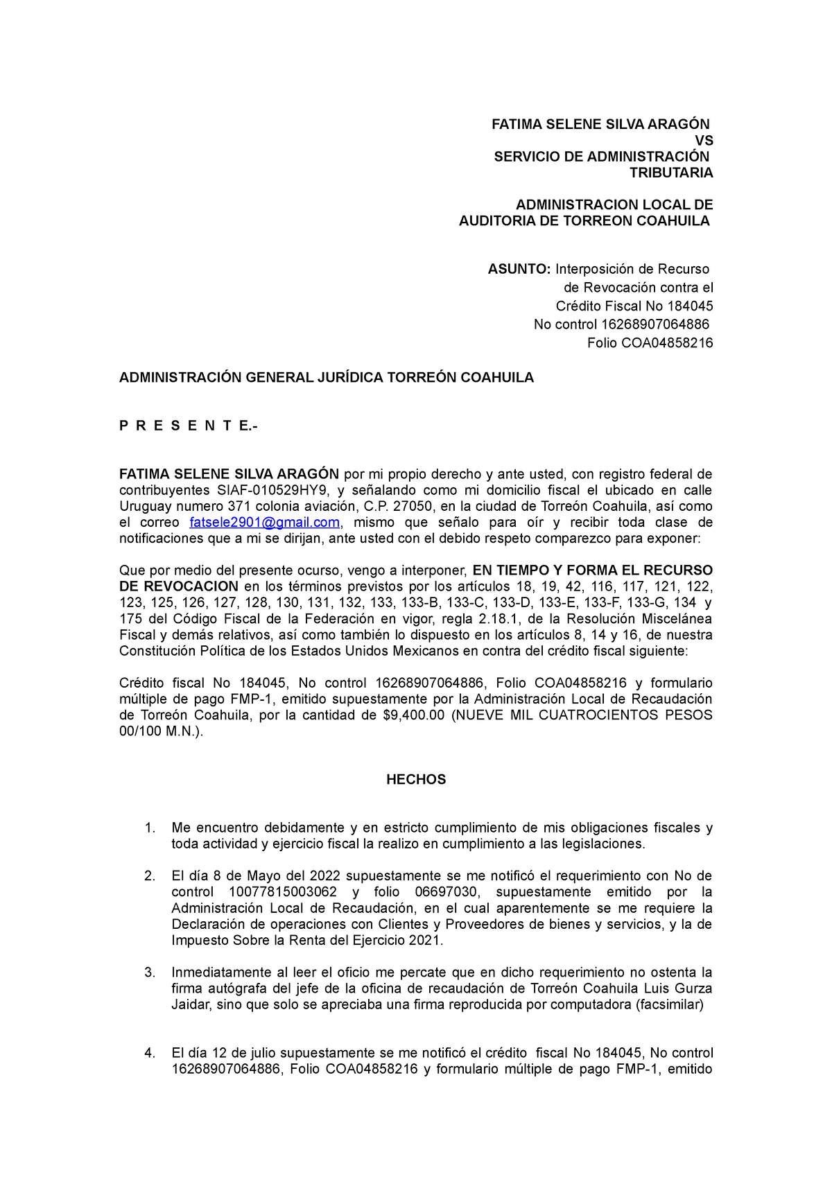 Recursoderevocacion Recurso De Revocación Contra El Sat Fatima