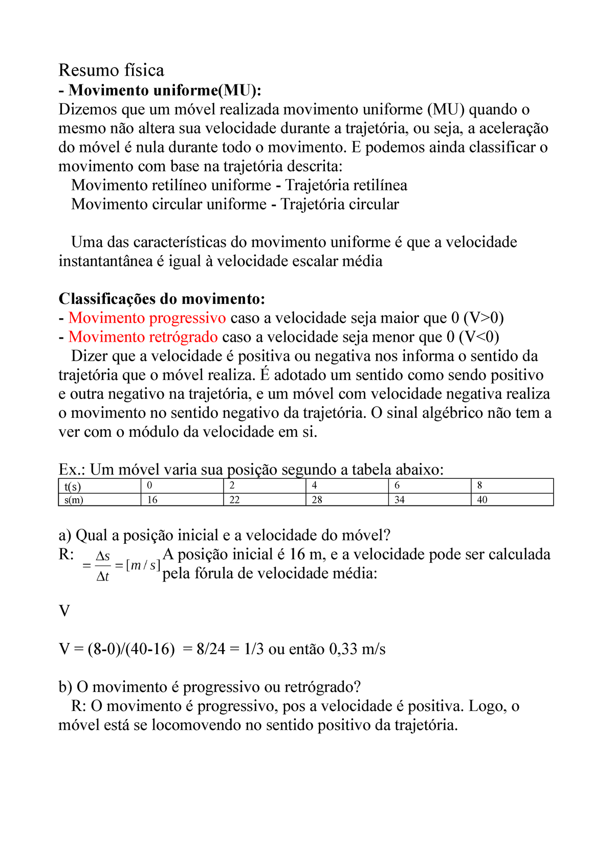 Resumo Funcao Horaria Do Espaco E Movimento Uniforme Mu Studocu