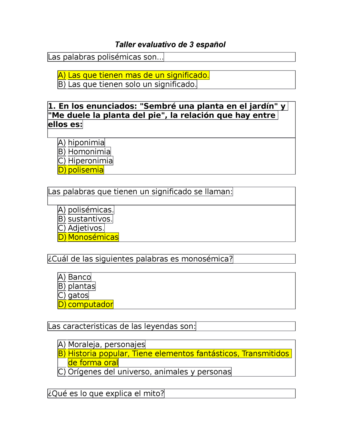 Taller Evaluativo De 3 Español - .. A) Las Que Tienen Mas De Un ...