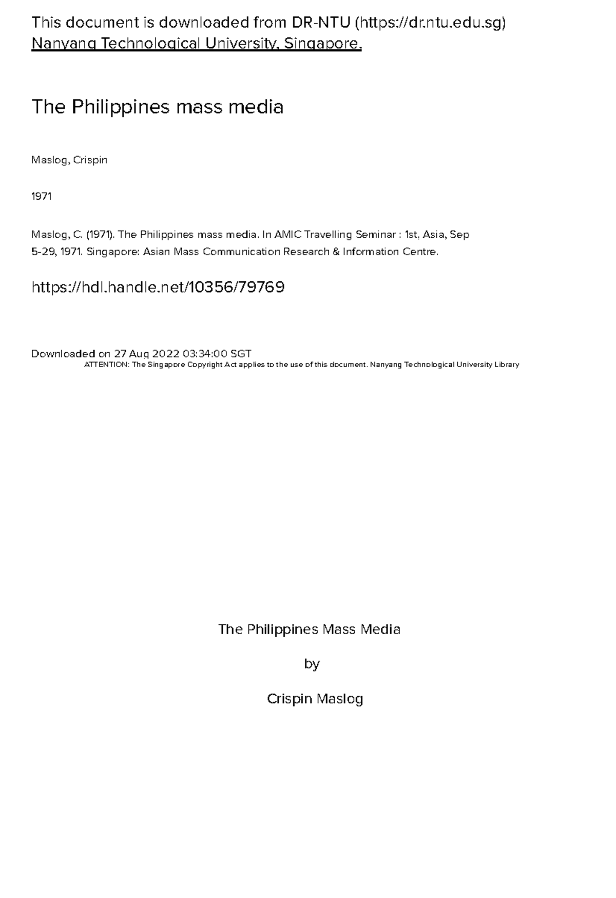 The Philippines Mass Media This document is downloaded from DRNTU