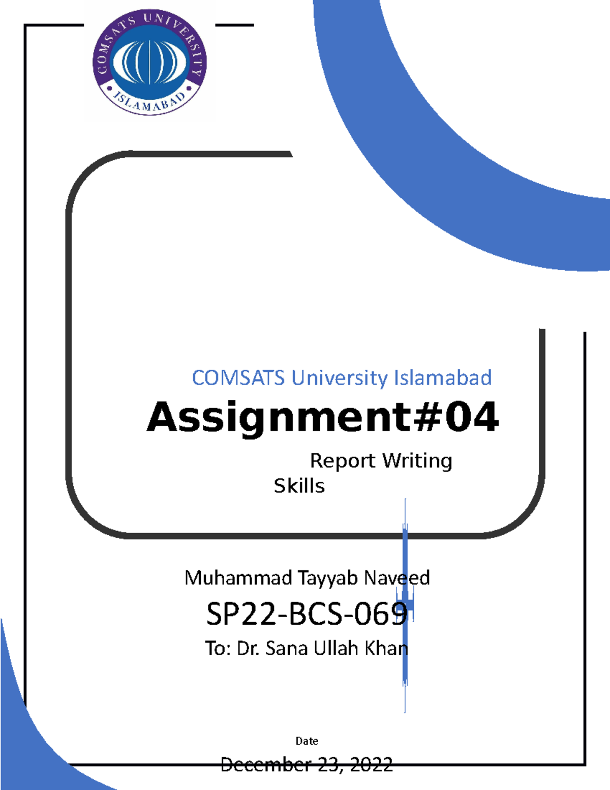 RWS 4 - COMSATS University Islamabad Assignment# Date December 23, 2022 ...
