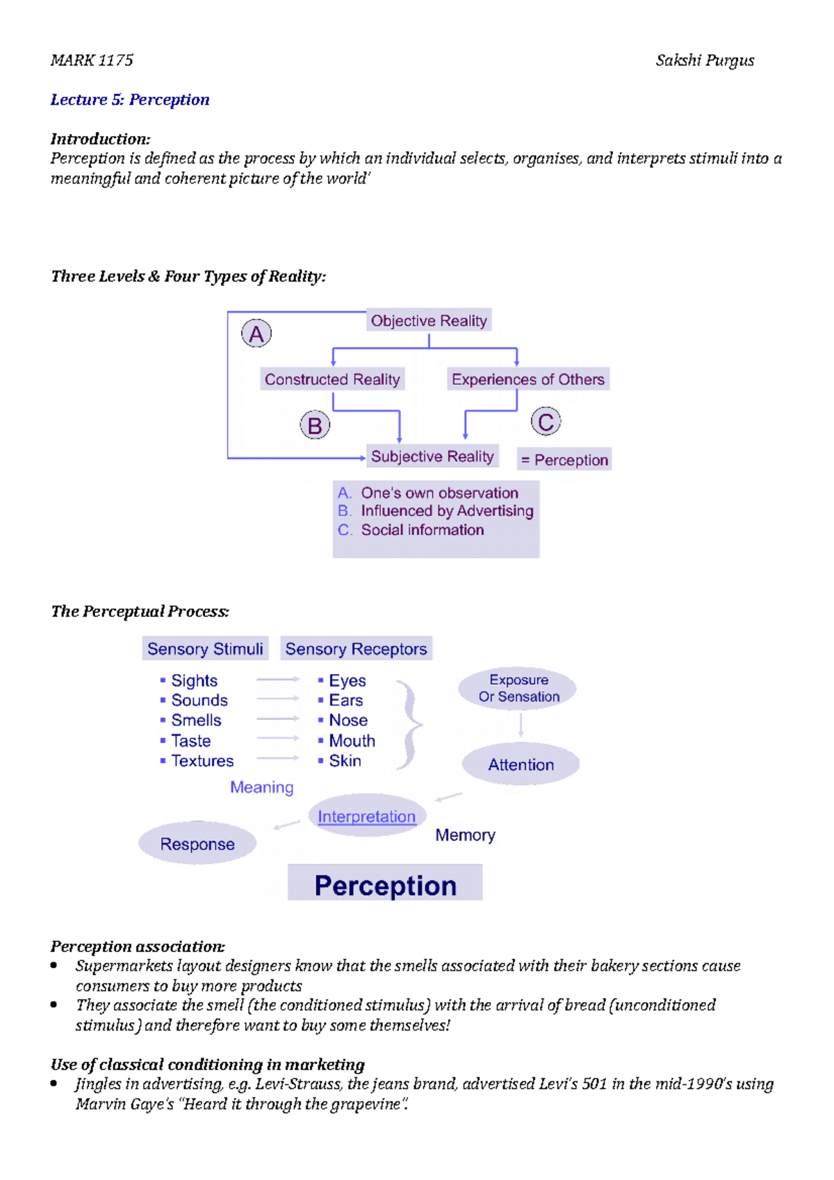 Perception - Lecture notes 5 - MARK 1175 Sakshi Purgus Lecture 5 ...