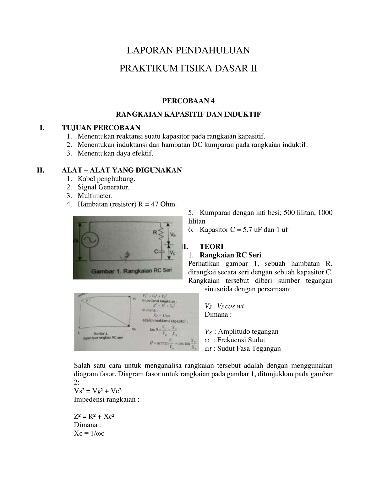 Praktikum Fisika Dasar - Rangkaian Kapasitif Dan Induktif - LAPORAN PENDAHULUAN PRAKTIKUM FISIKA ...