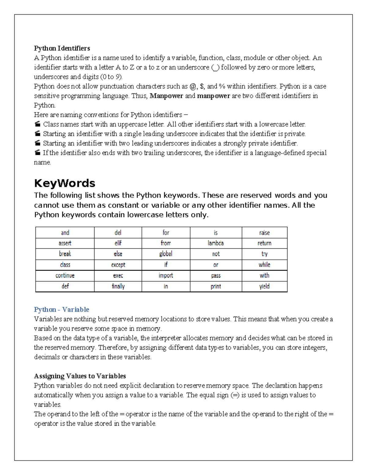 Python Unit I Notes - Python Identifiers A Python identifier is a name ...