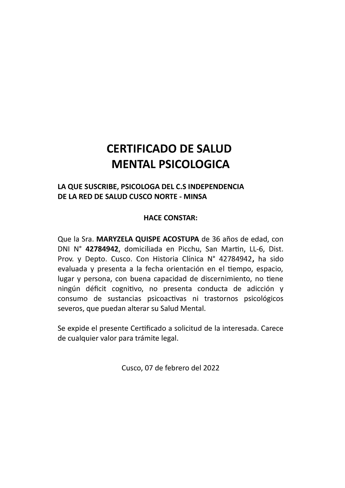 Certificado DE Salud para personas gestantes - CERTIFICADO DE SALUD MENTAL  PSICOLOGICA LA QUE - Studocu