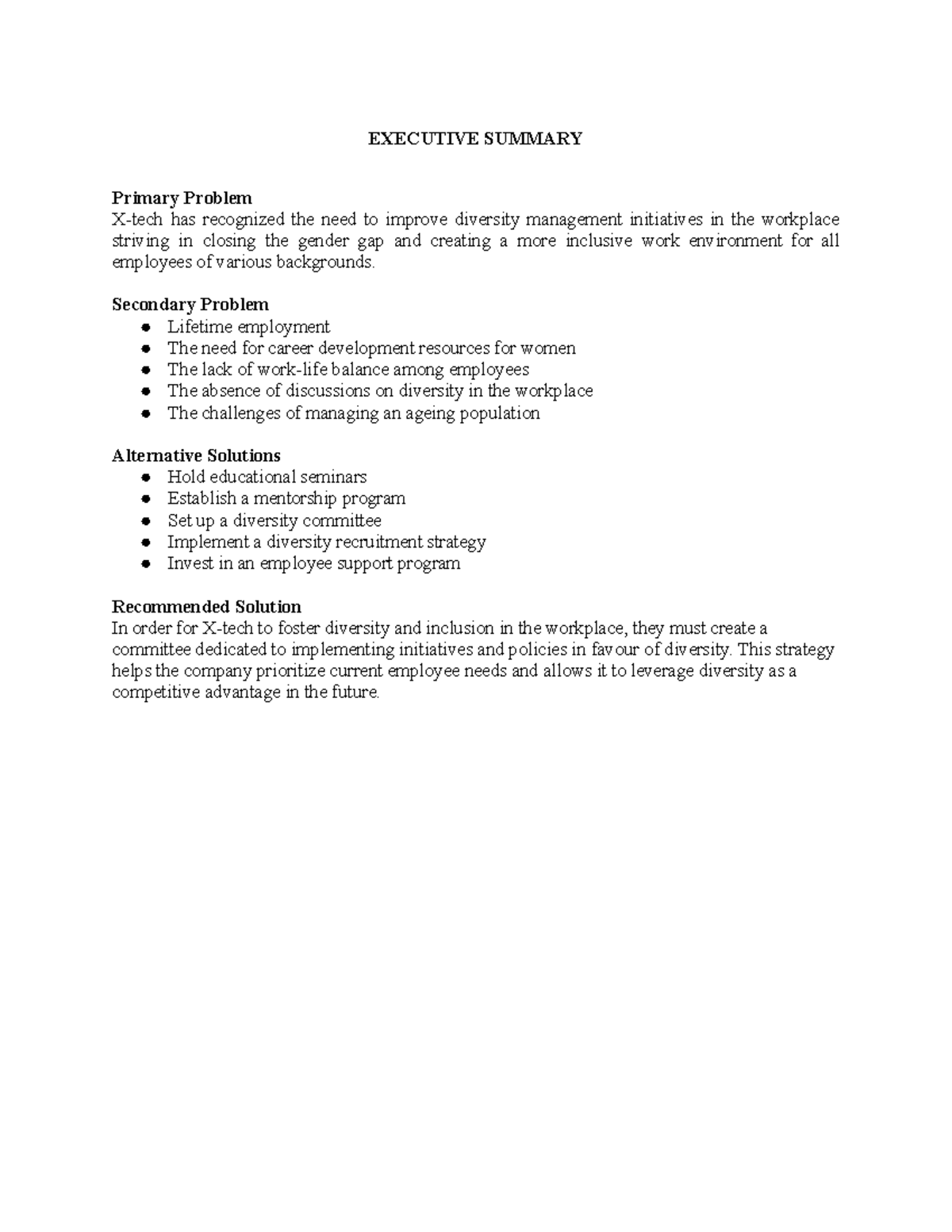 ADM3318 Diversity at XTech Case Study EXECUTIVE SUMMARY Primary