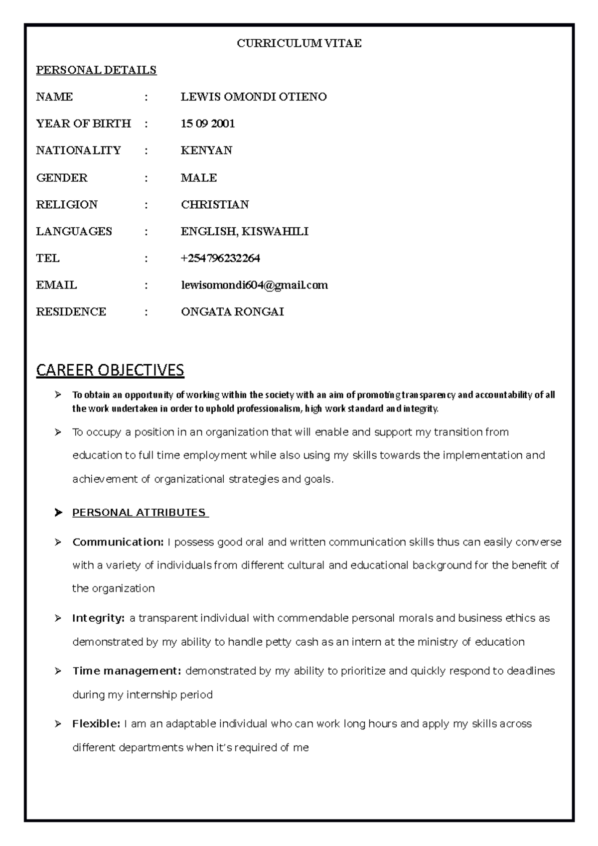 Lewis 2034 (1) - course assignment - CURRICULUM VITAE PERSONAL DETAILS ...