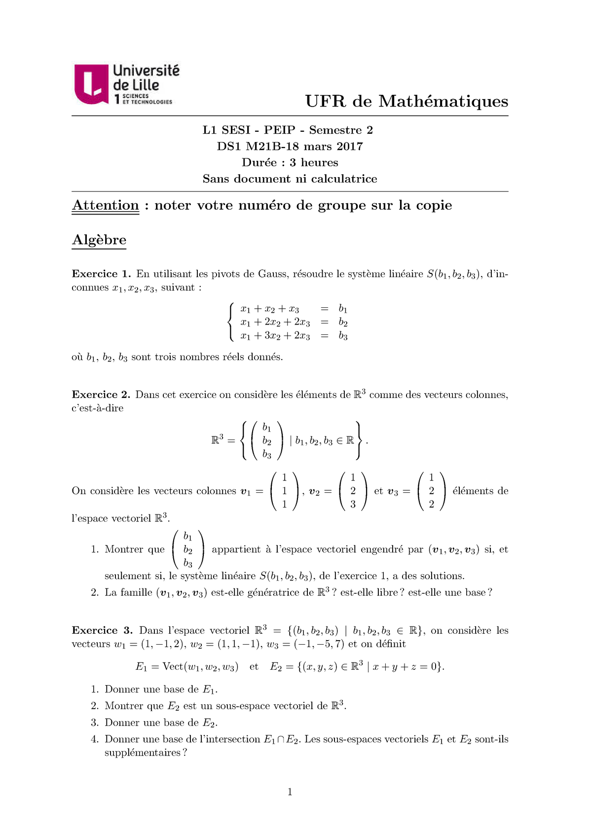 Examen Mars 2017, Questions - UFR De Math´ Ematiques L1 SESI - PEIP ...