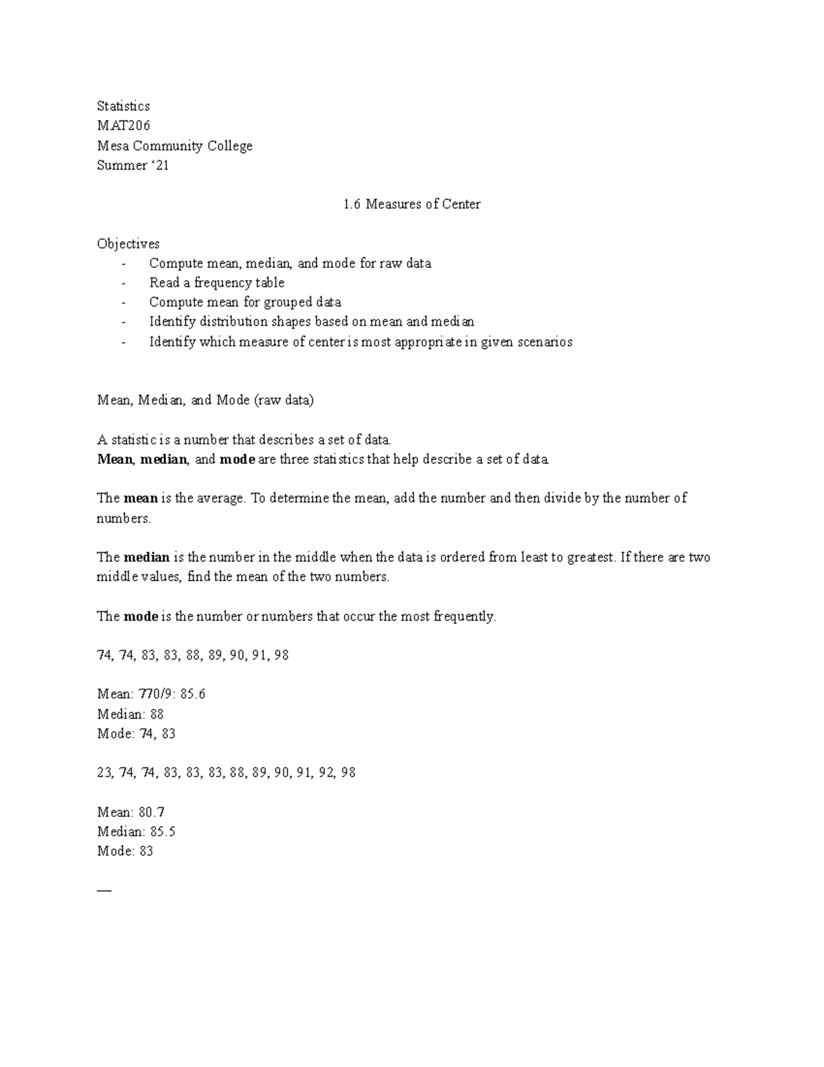 MAT206 1 6 Measures Of Center Part 1 Statistics MAT206 Mesa
