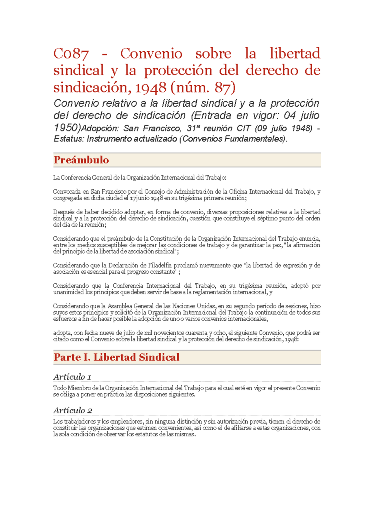 Convenio 87 Organización Internacional de Trabajo