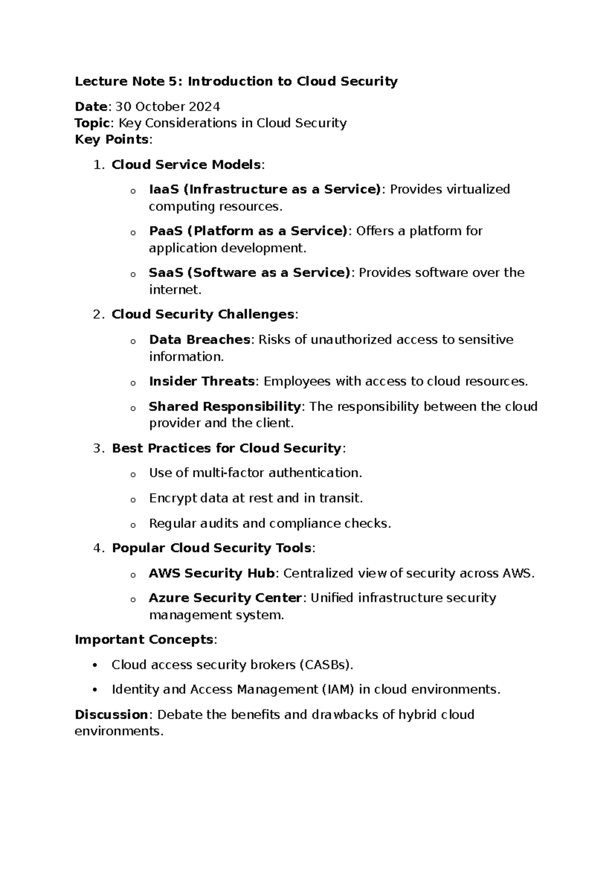 Lec note5 - Lecture Note 5: Introduction to Cloud Security Date: 30 ...